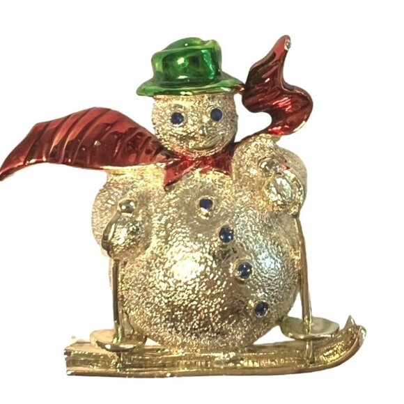 Vtg Christmas Brooch Pin Snowman Skier Rhinestone eyes buttons Holiday Signed - Picture 2 of 4